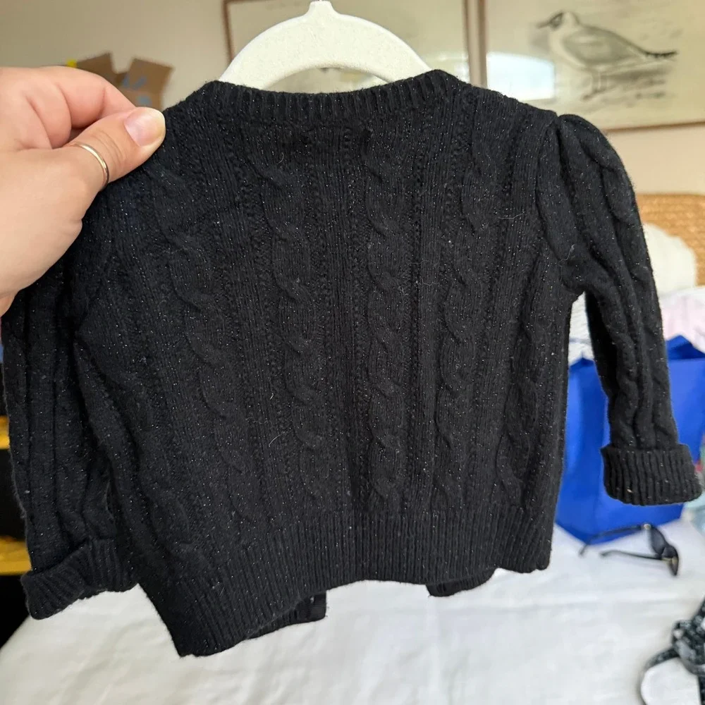 Ralph Lauren Baby Girl Black Cable Knit Shimmer Cardigan Silver Pony Logo 6M